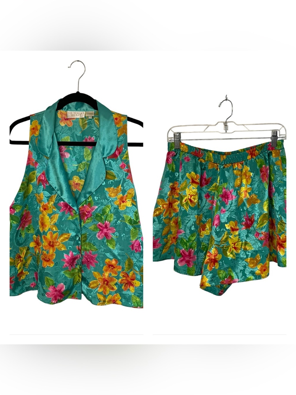 Vintage Victoria's Secret Gold Label Floral Satin Pajama Short Set Teal Large